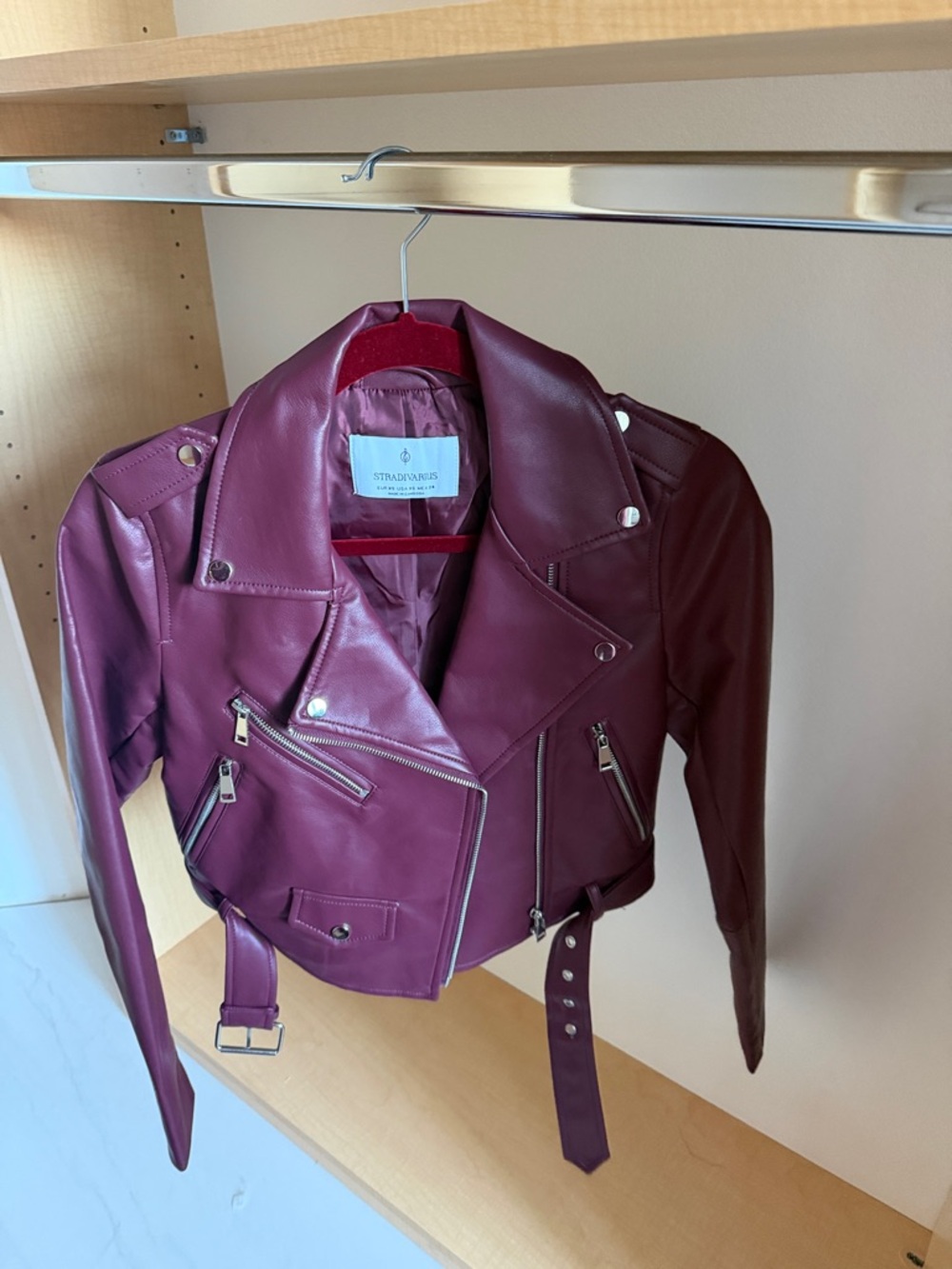 Stradivarius Burgundy Faux Leather Moto Jacket